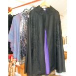 Vintage clothing: 1940s black embroidered evening cape (relined in purple satin), a 1960s-style rain