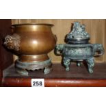 Chinese bronze double lion censer on stand, and another with lion dog finial