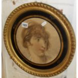 19th c mezzotint portrait of a young girl, in circular giltwood frame