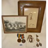 WW1 medal pair with associated photographs and four silver fob medals. Two fob medals engraved as