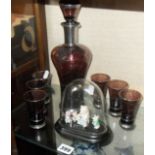 Bohemian amethyst glass liqueur set of decanter and six glasses having silver overlay decoration,