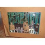 1960s painted and glazed ceramic panel of a stylised cityscape with chimneys and bicycling sweeps in