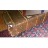 Large composite banded travel trunk with leather corners