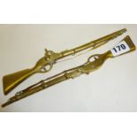 Pair of Victorian detailed brass miniature models of 3-banded flintlock rifles - one marked to stock