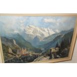 Large Alpine scene in oils including glaciers, mountains, stone bridge & figures with mule,