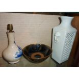 Chinese blue & white bottle vase lamp with 4 character marks, Chinese stoneware bowl, and a 20th