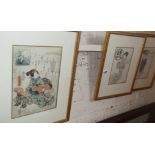 Three framed Japanese woodblock prints of Geishas, signed