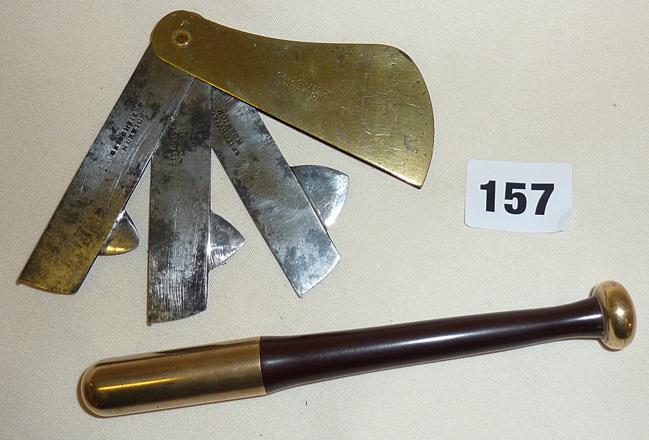 Late 19th c. brass & steel three-bladed veterinary fleam marked as "Critchfield Norwich", together