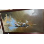 Oil print on board of a Spitfire in flight from a painting by Barrie A.F. Clark, Spitfire "XTM"