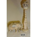 19th c. finely carved Chinese ivory puzzle ball atop a Scholar stand, together with a scrimshaw