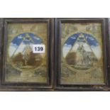 Pair of 18thC Masonic coloured engravings of a man and a woman "within the compass"