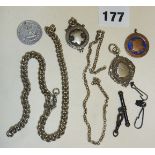 White metal fob chains, hallmarked silver fob medals etc