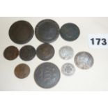 Quantity of old coins, some silver. Including 1787 George III shilling, 1757 George III sixpence,