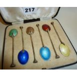 Cased set of six hallmarked silver guilloche enamel coffee spoons (some loss of enamel)