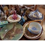 Assorted china inc. Mother Kangaroo with Joey plate, a cranberry glass vase and resin dogs