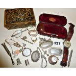 Assorted interesting items, hallmarked silver retractable toothpick, old spectacles, decanter