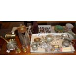 Brass sugar scuttle, cutlery, pewter measures and other metalware