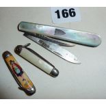 Mother of pearl handled hallmarked silver bladed fruit knife, and two small penknives