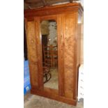 Late 19th c. pine wardrobe with mirror to door and fitted interior