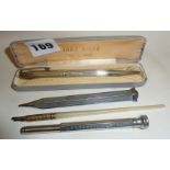Hallmarked silver Yard O Led pencil in case. Other propelling pencils, one advertising, and a dip