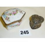 Sevres porcelain floral trinket box and heart shaped hallmarked silver pill box with a repousse