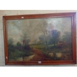 Victorian oil on board of a woodland scene with figures in maple frame