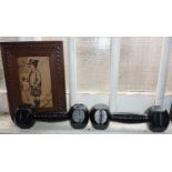 Pair of Victorian iron hand dumb bells & a framed caricature of a Scotsman