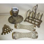 Hallmarked silver and cut glass knife rest pair, silver plated toast rack and egg cup, etc.