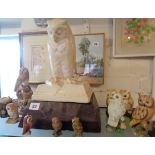 Large Edwardian plaster figure of a wise old owl on a book and other owl figurines