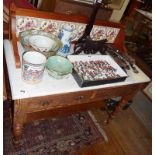 Late Victorian marble topped pine washstand with two drawers under, and carved decorative motifs