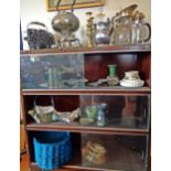 Quantity of assorted silver plated items, cast iron beetle boot jack, chrome ice bucket, etc.