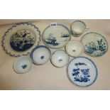 18th c. blue and white English porcelain cups, bowls etc.