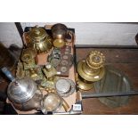 Collection of assorted brassware, inc. oil lamp, some silver plate and pewter items, etc.