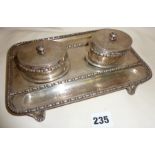 Silver inkwell and pen tray hallmarked for London 1892 with inscription. Approx weight (without