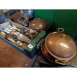 Quantity of silver plated cutlery, two copper cookpots, silver plated egg cups on stand etc.