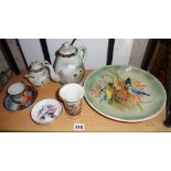 Poole Pottery dish with blue tits, an 18th c. Derby spill vase (A/F), and other pots