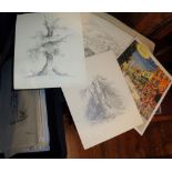 Portfolio containing Victorian pencil sketches and drawings, many by John Dolignon, other prints,