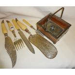 Victorian silver plated fish servers, crumb scoop, cake knife etc, together with a wood cased butter