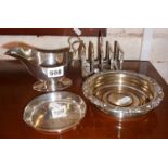 Silver pintray, and silver plated sauce boat, wine coaster and toast rack