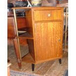 1950s walnut veneered and brass corner cupboard with open shelves on screw in legs