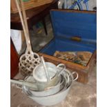 Three galvanised tin baths, a bucket, a watering can, a tin trunk & contents, a carpet beater & a