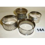 Four hallmarked silver napkin rings, one with Chester mark, approx 2 troy oz