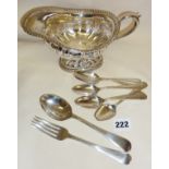 Hallmarked silver cutlery (spoon and fork), 6 plated grapefruit spoons and a sauce boat