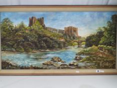 An oil on canvas depicting a riverside scene, framed,