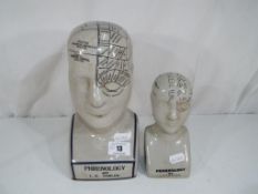 Two phrenology heads, one approximately 24 cm (h) and the other approximately 17 cm (h).