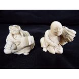 Two late 19th century ivory netsuke one in the form of a seated man holding a basket of fish and