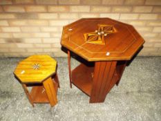 Two hexagonal occasional tables with inlaid decoration largest 61 cm (h) x 60 cm (w) x 60 cm (d),