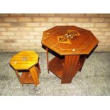 Two hexagonal occasional tables with inlaid decoration largest 61 cm (h) x 60 cm (w) x 60 cm (d),