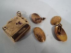 A 9 carat gold locket set with three amethysts and a pair of scrap gold 9 carat cufflinks,