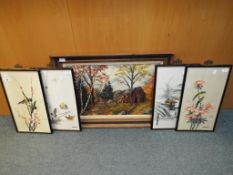 Four hand painted Asian style pictures on silk by Johnson Kolt,